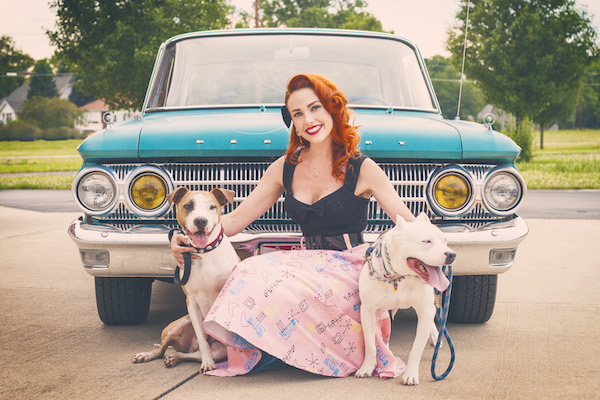 pit bull in a blue car with a pinup girl